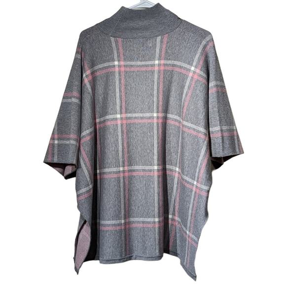 Max Studio Gray Pink Plaid Mock Turtleneck Pullover Knit Womens One Size Poncho - Picture 2 of 12